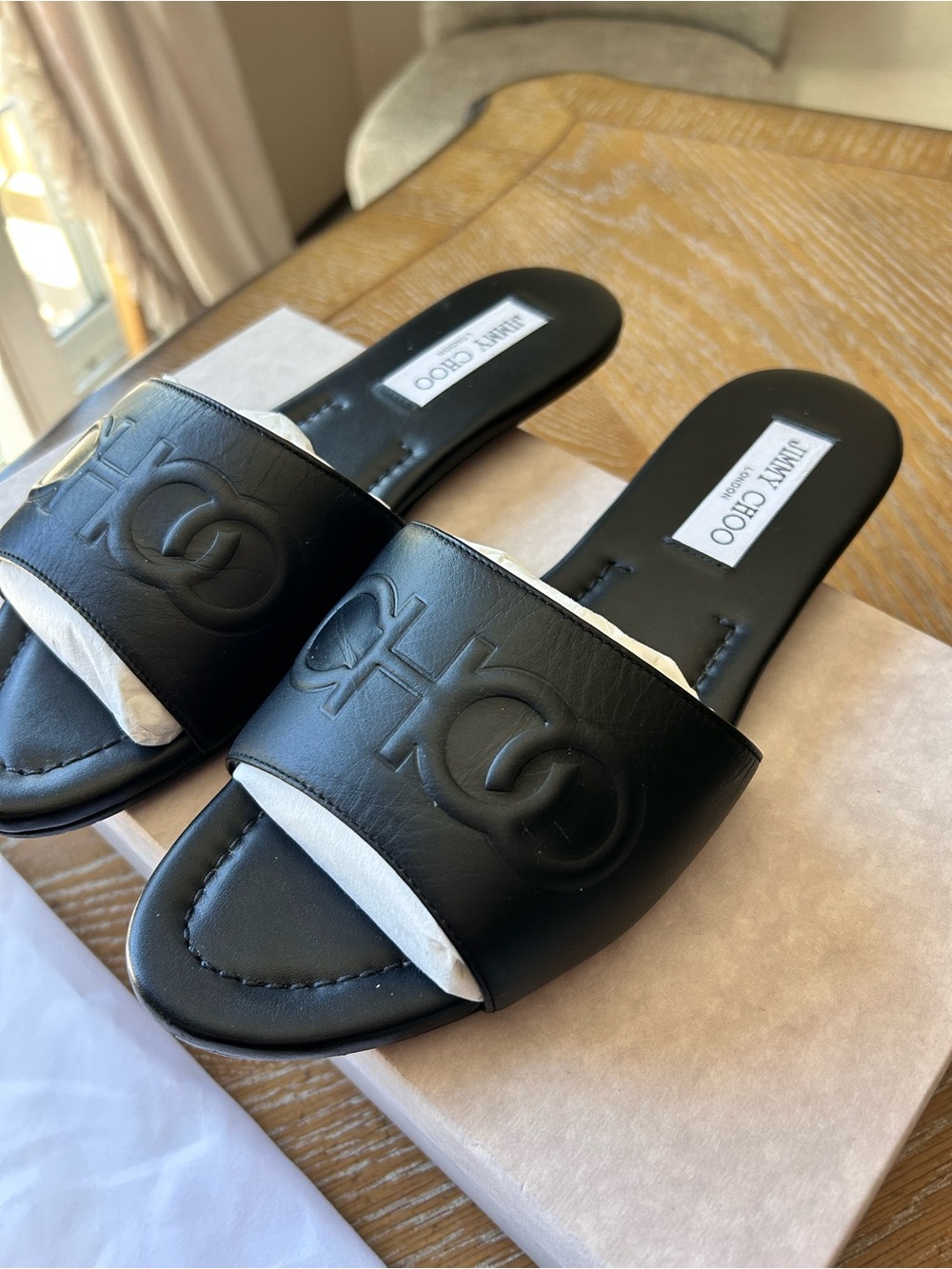 Authentic Jimmy Choo black leather slides with dust bag, box and card size 38